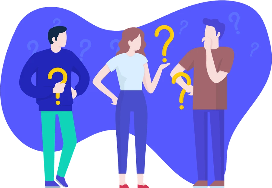 Illustration of three people with question marks
